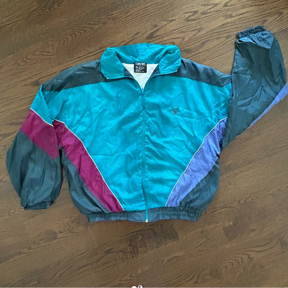Vintage 90s Cherokee Windbreaker Jacket - Colorblock Teal/Black/Purple | Size L